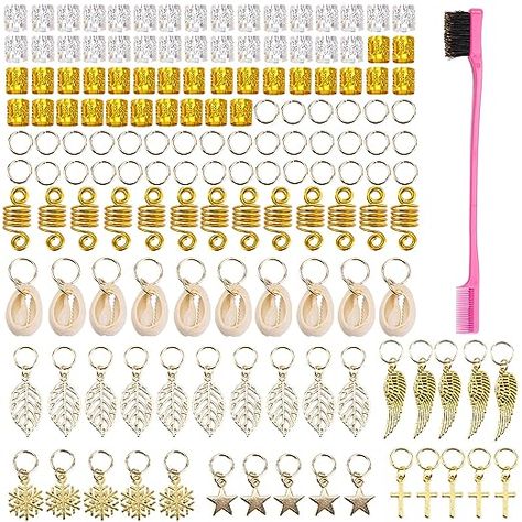 You will get 60 pcs Dreadlocks Beads Metal Cuffs in Gold and Silver colors, 30 pcs Gold Hair Braid Rings, 10 pcs copper hair dreadlocks, 10 pcs shell pendant charms, 10 pcs leaf rings, 20 pcs DIY pendant charms (5 feather, 5 cross, 5 snowflake, 5 stars),and give an edge brush Made of aluminum, soft and flexible material, can be adjusted according to your needs Easy to Use- Weave your hair first, then open the hair ring and put it directly into the hair. Gold Hair Cuffs, Loc Hair Jewelry, Dreadlocks Diy, Baby Hair Ties, Hair Jewelry For Braids, Hair Braid Beads, Hair Braid Rings, Braided Dreadlocks, Women Braids