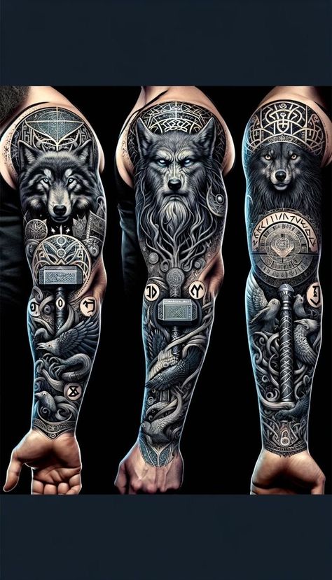 Left Sleeve Tattoo, Odin And Thor Tattoo, Yggdrasil Tattoo Sleeve, Wolf And Raven Tattoo Design, Nordic Gods Tattoo, Ulfhednar Tattoo, Nordic Viking Tattoo Design, Viking Gods Tattoo, Nordic Sleeve Tattoo