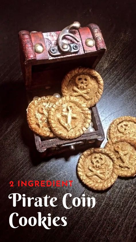 Ahoy me hearties! Pirate treasure is not easily found but can be easily made with just 2 ingredients! These pirate coins are easy to make for a pirate or under the sea themed party and a cookie filled treasure chest would make a fabulous table centrepiece. #pirates #pirateparty #piratepartyfood #underthesea #undertheseaparty #piratecoins #piratetreasure #treasure #treasurechest #coins #gold #goldencoins #money #golden #piratecrafts #piratesofthecaribbean #partyfood #kidspartyfood #kidsparty Treasure Cookies, Rum Desserts, Pirate Party Food, Under The Sea Themed Party, Pirate Food, Pirate Cookies, Pirate Coins, 2 Ingredient Recipes, Pirate Crafts