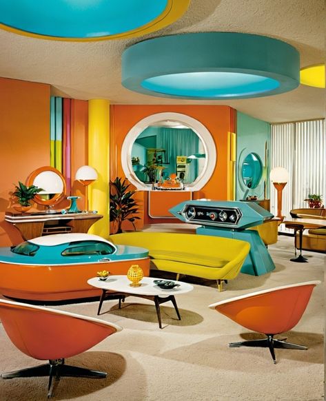 70s Futurism Architecture, 60s Space Age Interior, Retro Future Furniture, 60s Mod Aesthetic Decor, 60s Art Deco Interior, Retro Futurism Home Decor, 60s Furniture 1960s Interior Design, 90s Futurism Interior Design, 60s Living Room Decor