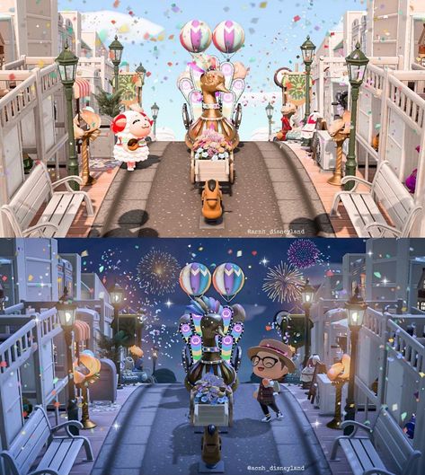 Acnh Disneyland, Acnh Street, Confetti Machine, Ac Ideas, Acnh Cottagecore, Animals Crossing, Acnh Design, Post Animal, Acnh Inspo