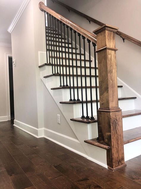 Staircase Half Wall Ideas, Rustic Handrails For Stairs, Split Level Staircase Ideas, French Country Staircase, Dark Stain Stair Railing, Wood And Metal Stair Railing Farmhouse, Craftsman Wood Stair Railing, Craftsman Stair Railing Wood, Stained Stairs