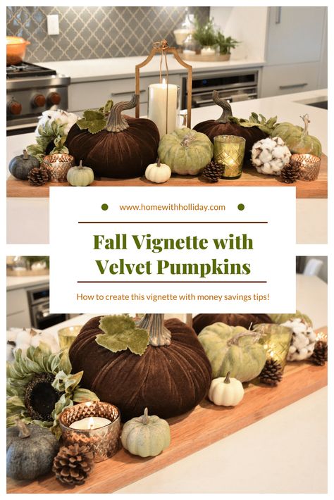 Velvet Pumpkins Centerpiece, Velvet Pumpkins Display, Thanksgiving Decorating, Fall Centerpieces, Fall Vignettes, Pumpkin Display, Fall Stuff, Fall Decor Inspiration, Flower Centerpiece