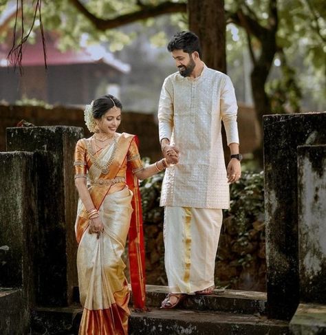 Hindu Wedding Groom Outfit, Marriage Couple Outfits Indian, Kerala Wedding Ideas Hindus, Hindu Wedding Look Kerala, Kerala Bride And Groom Hindu, Kerala Bride Wedding Saree, Kerala Wedding Poses, Kurta And Mundu Kerala Men, South Indian Couple Wedding Outfit