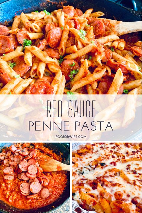 This Red Sauce Penne Pasta is one of those dinners that is quick, easy, cheap and yummy! So, in my book, that's a staple recipe! It also is a great meal to bring to someone or make as a freezer meal. It's so versatile that it's definitely a crowd-pleaser kind of dinner. #quickandeasymeal #pennepasta #freezermeal #takeameal ##dinnerforacrowd #budgetfriendlydinner #whatsfordinner #kidfriendlydinner Dinner Ideas Pasta Red Sauce, Meals With Red Sauce, Penny Pasta Recipes, Red Sauce Meals, Easy Red Sauce Pasta Recipes, Pasta Recipes Red Sauce, Red Sauce Pasta Recipes, Pasta Red Sauce, Kielbasa Pasta Recipes