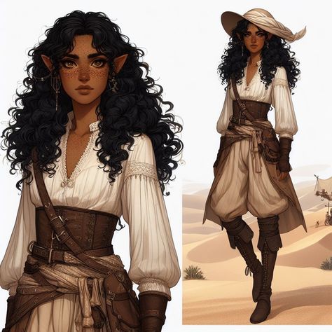 Desert Clothes Concept Art, Eilistraee Cleric, Ranger Outfit Female, Althea Aesthetic, Female Adventurer Outfit, Character Art Female Brunette, Peasant Outfit, Mariachi Outfit, Desert Clothing