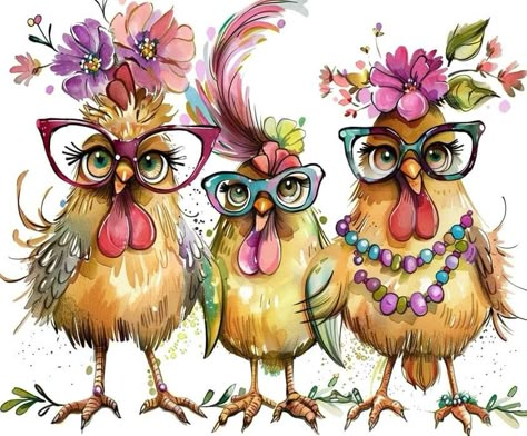 Cute Hen Illustration, Funny Rooster Drawing, Funny Animal Paintings, Chicken With Glasses, Whimsical Art Paintings, Diamond Art Kits, Chicken Art, Chickens And Roosters, Gems Art