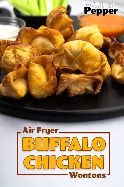 These buffalo chicken wontons are made right in your air fryer and are the perfect make-ahead appetizer! Air fry from frozen in just 5 minutes. Use the buffalo chicken dip filling or create your own filling to make variations of crispy wontons! Buffalo Chicken Wonton Wraps, Buffalo Chicken Wontons Fried, Air Fryer Chicken Wontons, Buffalo Chicken Wontons Air Fryer, Buffalo Wontons, Wontons In Air Fryer, Cheeseburger Wontons, Buffalo Chicken Rangoons, Air Fryer Wontons