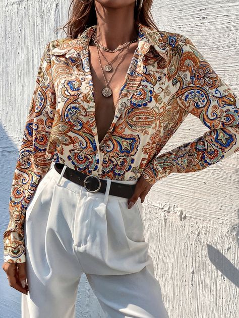 Paisley Print Shirt Outfit, Paisley Outfits Women, Paisley Pattern Outfit, Boho Shirts For Women, Paisley Shirt Outfit, Printed Shirt Outfit, Paisley Print Fabric, Bohemian Shirt, Mexico Fashion