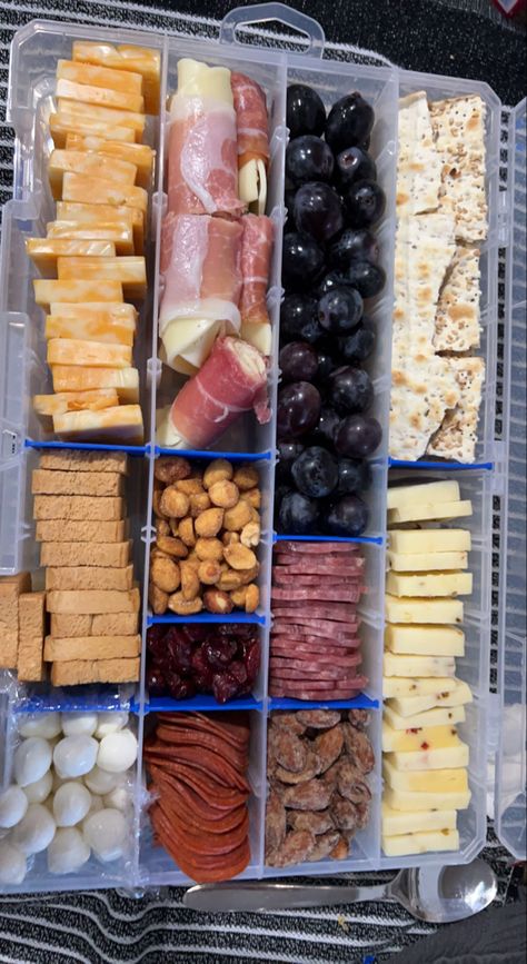 Cheese & meat board , charcuterie board , cheese , meat , salami , prosciutto , nuts, crackers , snack , meal prep , preparation , boat snack , travel snack , appetizers , hors d’oeuvres , snack , yummy , delicious , quick , easy , fun , good idea , food Tackle Box Charcuterie Board, Tackle Box Snacks Road Trips, Float Trip Food Ideas, Road Trip Charcuterie Board, Charcuterie In A Box Diy, Car Charcuterie Board, Snackle Box Ideas Beach, Snackle Box Healthy, Traveling Charcuterie Board