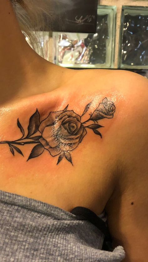 Womens Shoulder Cover Up Tattoo, Red Rose Collar Bone Tattoo, Rose Tattoo On Collar Bone For Women, Rose Collar Bone Tattoos For Women, Chest Name Cover Up Tattoos, Rose Chest Tattoos For Women, Roses On Chest Tattoo, Rose On Chest Tattoo, Chest Tattoo Female Rose