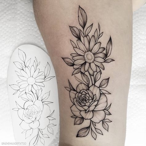 Daisy Half Sleeve Tattoos For Women, Rose And Daisy Tattoo Half Sleeves, Daisies And Roses Tattoo, Rose And Daisy Tattoo Design, Rose And Daisy Bouquet Tattoo, Flower With Bow Tattoo, Rose Daisy Tattoo, Flower Tattoo Shading, Rose Floral Tattoo Design