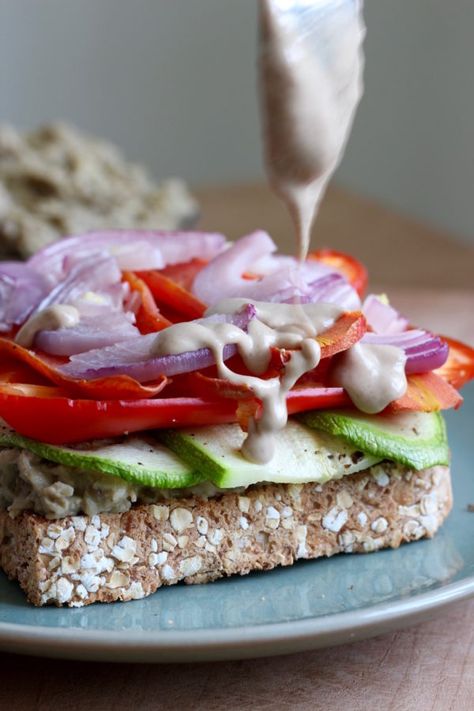 vegan-turkish-sandwich-with-baba-ganoush-3 Turkish Sandwich, Plant Based Recipes Easy, Open Faced Sandwich, Baba Ganoush, Roasted Vegetable, Vegan Sandwich, Tahini Dressing, Work Lunch, Slice Of Bread