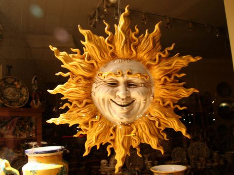 Pottery Sun Face, Sun Faces, Polymer Clay Sun, Sun Sculpture, Sun Face Art, Sun With Face, Clay Sun, Sun Face, Ceramic Sun