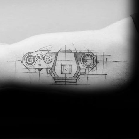 Fine Line Camera Tattoo, Engineering Tattoo Ideas, Engineering Tattoo, Camera Tattoo Design, Photographer Tattoo, Camera Tattoos, Clover Tattoo, Best Tattoo Ever, Mechanic Tattoo