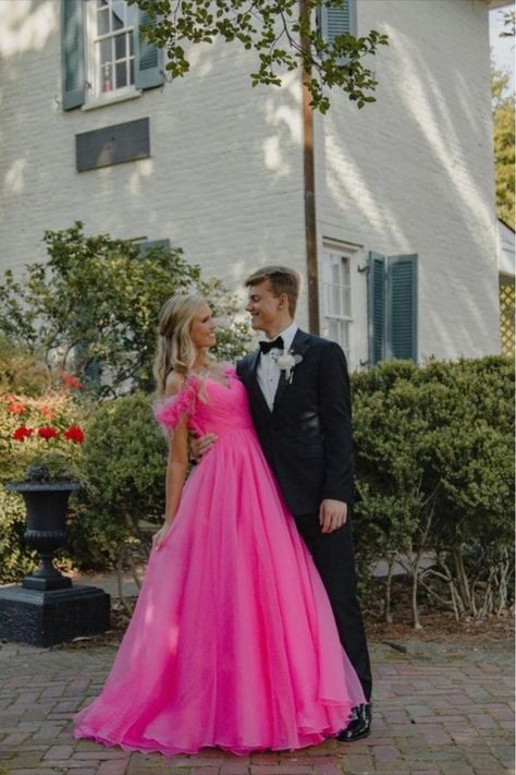 Off The Shoulder Prom Dresses, Hot Pink Prom, Hot Pink Prom Dress, Prom Dresses Long Pink, Stunning Prom Dresses, Spaghetti Strap Prom Dress, Pink Prom Dress, Pink Prom, Cute Prom Dresses