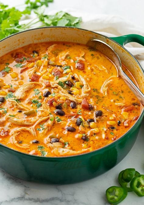 This Chicken Enchilada Soup can be made on the Stove Top or the Crock Pot and is easy to make with chicken breast, thighs, or leftover chicken! It's creamy, it's cheesy, and it's made with Skinnytaste Soup Recipes, Leftover Chicken Fajita Recipes, Shredded Chicken Recipes Stovetop, Leftover Chicken Breast Recipes, Chicken Enchilada Soup Recipes, Enchilada Soup Recipe, Leftover Chicken Breast, Chicken Tortillas Soups Recipe, Chicken Enchiladas Easy