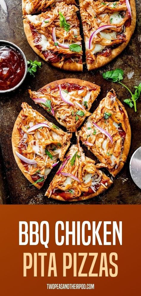 BBQ Chicken Pita Pizzas- pita bread topped with barbecue sauce, shredded chicken, mozzarella cheese, red onion, and cilantro. A fun and delicious meal that only takes 20 minutes to make! What To Eat Pita Bread With, Chicken In Pita Bread, Pita Ideas Dinners, Bbq Pita Pizza, Pita Pizza Recipes Healthy, Keto Pita Pizza, Pita Bread With Chicken, Ideas For Pita Bread, What Can I Make With Pita Bread