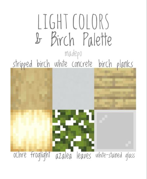 Minecraft 1.19 Pastel Colors and Birch Palette using stripped birch logs, white concrete, birch planks, ochre froglight, azalea leaves, and white stained glass <3 #cute #minecraft #colorpallete #mcyt #pastel #light #minecraftbuild #minecraftaesthetic #minecraftcottagecore #aesthetic #mc #minecraftfairy #minecraftcottage #minecraftsurvival Mincraft Idea Light, Cute Birch House Minecraft, Birch Colour Palette, Stripped Birch House Minecraft, Yellow Minecraft Palette, Minecraft Yellow Color Palette, Minecraft Block Palette Yellow, White Block Palette Minecraft, Minecraft 1.20 Palette