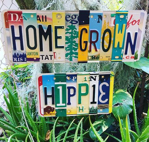 Home Grown 🌱 Hippie 💚   #etsy #Licenseplates #quarantinegifts #homegrown #hippie #bohemian #pnw #Oregon #garden #home License Plate Crafts Projects, License Plate Signs, Hippy House, License Plate Crafts, Pnw Oregon, Oregon Garden, Hippie Garden, Patio Art, Creative Garden Decor