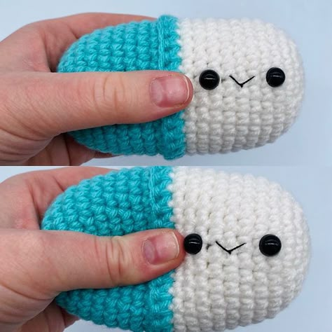 Crochet Chill Pill Stress Ball Free Chill Pill Crochet Pattern, Chill Pill Amigurumi, Pill Crochet Pattern Free, Small Crochet Projects Free Patterns Useful, Crochet Pill Pattern, Crochet Chill Pill Keychain Free Pattern, Medical Crochet Pattern Free, Crochet Medical Ideas, Mini Crochet Projects Free Pattern