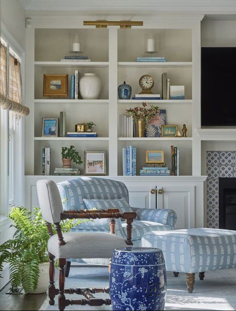 Living Room Built Ins Decor, Built In Around Fireplace, Armchair And Ottoman, Blue And White Living Room, House Makeovers, Built In Shelves Living Room, Shelf Decor Living Room, Living Room Built Ins, White Bookshelves