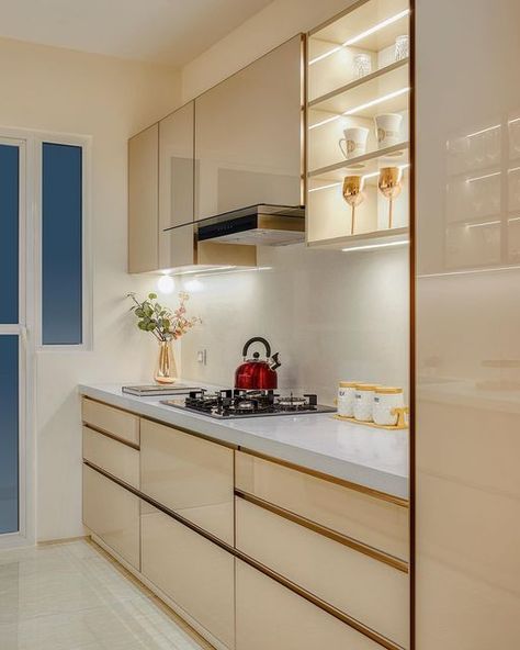 L Shaped Kitchen Cabinets Layout, Kitchen Interior Design In India, Small Kitchen Modular Design, Kitchen Laminate, Kitchen Unit Designs, Kitchen Colour Combination, Rose Gold Kitchen, Kitchen Colour, Modular Kitchen Cabinets