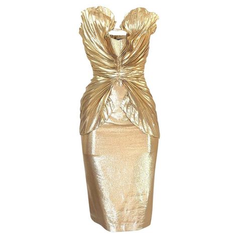 Rare Spring 1985 Thierry Mugler Bombshell Pleated Gold Lurex 'shell' Dress Luxury Metallic Fitted Dresses, Thierry Mugler 90s Dresses, Thierry Mugler Gown, Versace Gold Dress 90s, Vintage Mugler Gold, Rare Dress, Golden Dress, Silk Chiffon Dress, Thierry Mugler