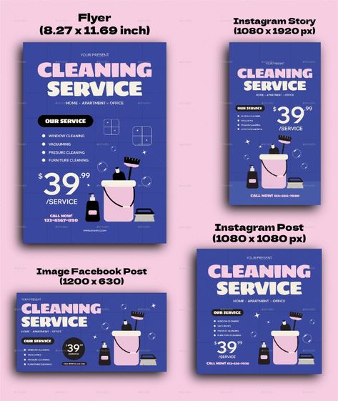 Blue Flat Cleaning Service Flyer Set Flyer Design Cleaning Services, Cleaning Flyer Ideas, Cleaning Flyer Design, Cleaning Poster, Cleaning Services Flyer, Building Cleaning Services, Company Brochure Design, Cleaning Flyers, Cleaning Service Flyer