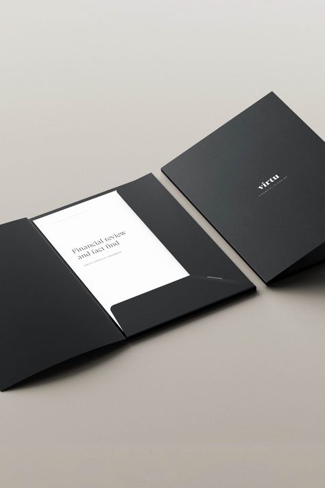 Assured, approachable and distinctly modern bespoke folder design for Virtu Financial Planning, an experienced team of financial advisers based in Whalley, Lancashire. Design by Jack Watkins. Company Folder Design, Corporate Folder Design, Folder Design Inspiration, Folder Graphic Design, Pocket Folder Design, Branded Folders, Black Folder, Corporate Folder, Company Folders