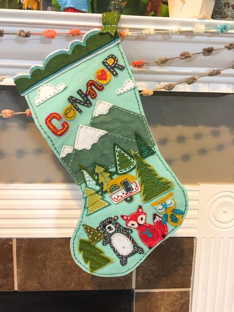 Woodland themed felt stocking made for my son Diy Felt Stocking, Painting Stocking Ideas, Sveti Nikola, Diy Stocking, Stocking Ideas, Holiday Swag, Christmas Stocking Kits, Vintage Christmas Crafts, Diy Stockings