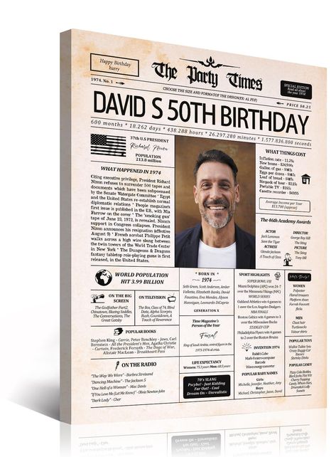 Personalized 50th Birthday Decoration Newspaper Poster Sign, Back In 1974 Framed Custom Canvas Prints, Vintage 50th Birthday Gift for Men or Women, Custom Photo Birthday Gift for Daddy-12x16” Fathers 50th Birthday Ideas, Creative 50th Birthday Gifts, 50 Birthday Party Ideas For Men, 65 Birthday Decorations, Back In 1974, 50th Birthday Party Ideas For Men, Back In 1984, 1974 Birthday, 50th Birthday Gifts For Men