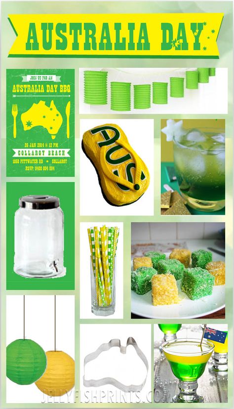 Australia Day Inspiration board for a #Green & #Gold party theme.   Food & decor ideas. Www.JellyfishPrints.com.au #USFSP Australia Day Decorations, Yellow Party Themes, Board Party Ideas, Australia Day Party, Aussie Party, Citizenship Party, Australian Party, Australia Day Celebrations, Australia Party