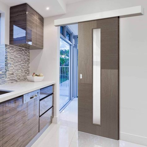 Single Sliding Door & Wall Track - Hermes Chocolate Grey Internal Door.    #architecture #interiors Kitchen Sliding Door, Grey Internal Doors, Single Sliding Door, Sliding Doors Internal, Kitchen Sliding Doors, Internal Sliding Doors, Kitchen Design Pictures, Modern Sliding Doors, Sliding Door Design