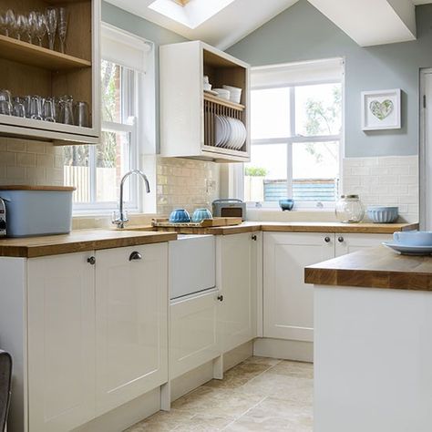 Pale blue and cream kitchen | Kitchen decorating | Style at Home | Housetohome.co.uk Blue Kitchen Accessories, Cream Kitchen, Kitchen Extension, Kitchen Color, Blue Kitchens, Room Decorating, Kitchen Diner, Kitchen Tiles, Kitchen Style