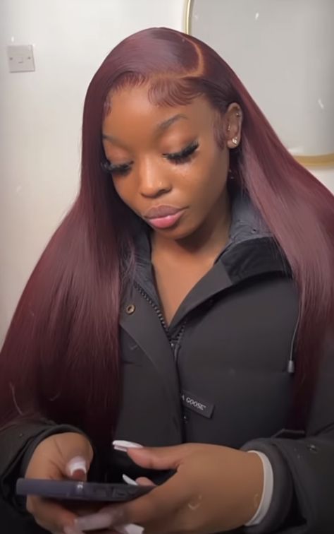 Birthday Hairstyle, Dark Burgundy Hair, Burgundy Wig, Peekaboo Hair, Frontal Wig Hairstyles, Birthday Hairstyles, Black Ponytail Hairstyles, Faux Locs Hairstyles, Quick Weave Hairstyles