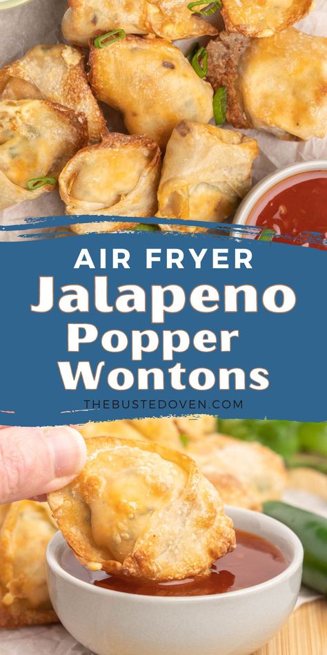 A creamy, cheesy, and spicy jalapeno popper filling wrapped in a crispy wonton. These air fryer jalapeno wontons are quick, easy, and made with simple ingredients. The air fryer makes these wontons extra crispy which complements the spicy jalapeno cream cheese filling. These little wontons are perfect as an appetizer or snack. Serve them up on a platter with your favourite dip and dig in. Jalapeno Wontons, Jalapeno Popper Filling, Jalapeno Popper Wontons, Air Fryer Jalapeno, Jalapeno Wonton Poppers, Wonton Appetizers, Jalapeno Cream Cheese, Wonton Wrapper Recipes, Rangoon Recipe