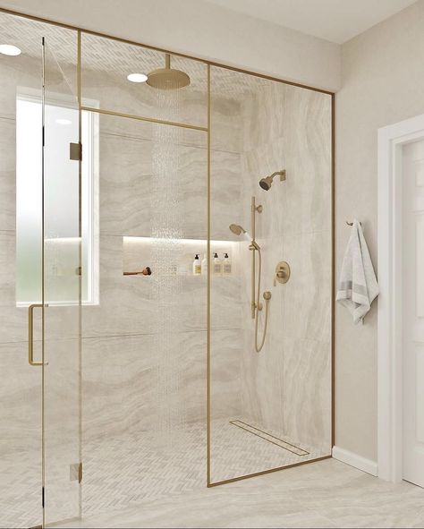 Dual Walk In Shower Ideas, Best Showers For Two, Bathroom Double Shower Ideas, Shower Slab Wall, Double Head Shower Ideas, Double Shower Head Master Baths, Gold Marble Bathroom, Curbless Shower Ideas, Victorian Bathrooms