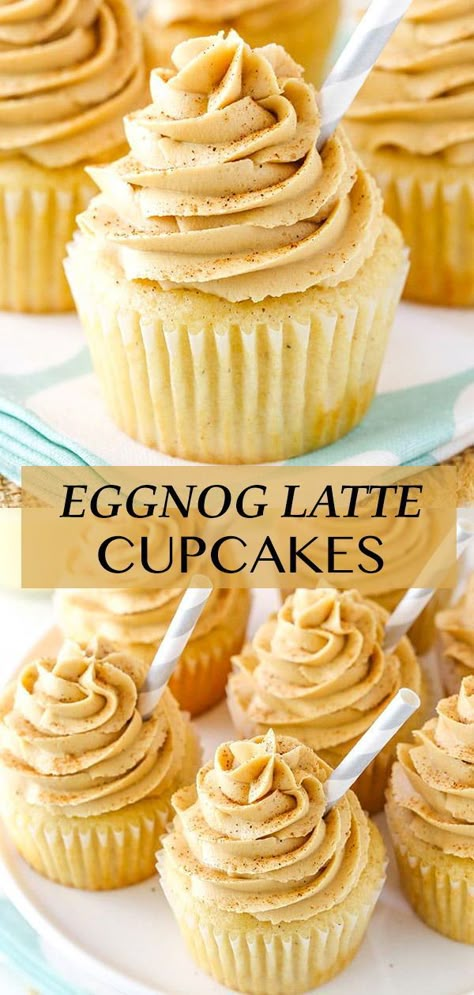 These Eggnog Latte Cupcakes are made with an eggnog cupcake and coffee espresso frosting! They are soft, moist and delicious for the holidays! Winter Cupcake Flavors, Espresso Frosting, Eggnog Cupcakes, Popular Food Recipes, Eggnog Latte, Diy Dessert, Cold Cake, Holiday Cupcakes, Cupcakes Recipes