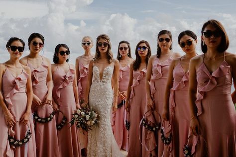 bride with her bridesmaids all wearing sunglasses Sunglasses Bridesmaids, Bridesmaid Shoot, Bridesmaid Sunglasses, Circular Arch, Pink Bridesmaid Gowns, 2026 Wedding, Dusty Pink Roses, Bride Sunglasses, Bridesmaid Pictures