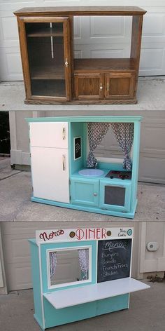 Turn an Old Cabinet into a Kid's Diner - saw this on Pinterest, thought it was very clever. wanted to share. I did not make this. Old Entertainment Centers, Diy Furniture Makeover Ideas, Play Kitchens, Diy Furniture Hacks, Old Cabinets, Diy Furniture Easy, Furniture Hacks, Toy Kitchen, Kids Kitchen