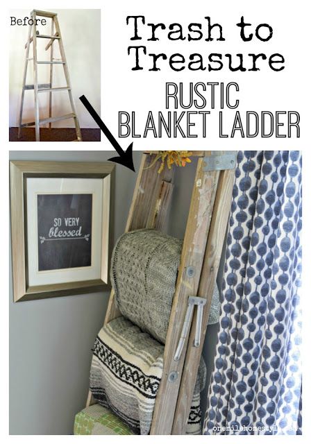 Don't throw away that old step ladder! See how this blogger turned a ladder… Repurpose Wooden Step Ladder, Blanket Ladder From Old Ladder, Old Step Ladders Repurposed, Step Ladder Decor, Ladder Projects, Refinish Basement, Antique Ladder Decor, Painting Pallets, Old Ladder Decor