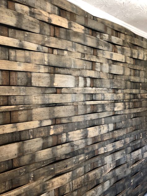 Bourbon Stave Wall, Whiskey Barrel Wall, Rustic Walls Ideas, Family Room Farmhouse Style, Bourbon Closet, Barrel Wall Decor, Basement Dry Bar Ideas, Family Room Farmhouse, Basement Dry Bar