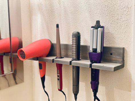 4 Slot Bathroom Organizer Shelf for Hair Styling Tools | Etsy Diy Hair Dryer Storage, Storing Hair Tools, Hair Dryer Storage Ideas, Hairdryer Storage Ideas, Blow Dryer Storage, Hair Organizer, Tool Organization Diy, Flat Iron Holder, Hair Product Organization