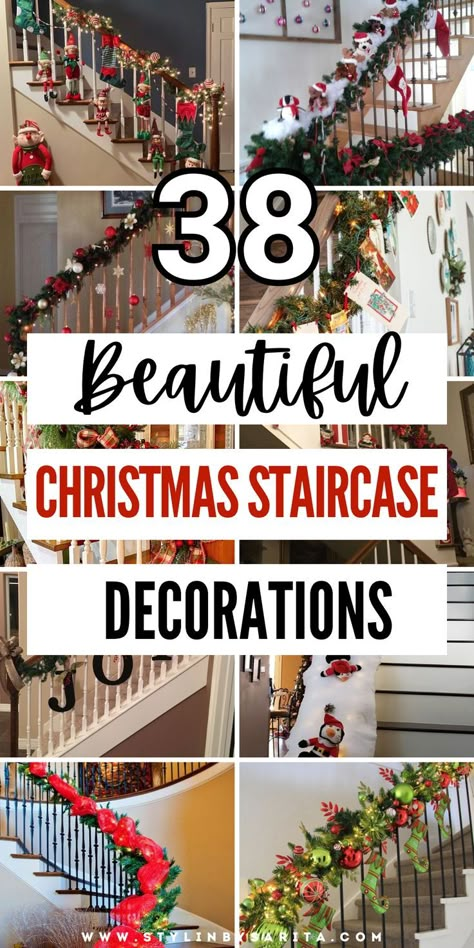 christmas staircase decorations Stairwell Decor Christmas, Diy Christmas Decorations For Stairs, Railing Xmas Decor, Christmas Staircase Decor 2024, Stairs Decorated For Christmas, Staircase Decor For Christmas, Stairrail Christmas Decorations, Split Level Entryway Christmas Decor, Step Decoration Staircases