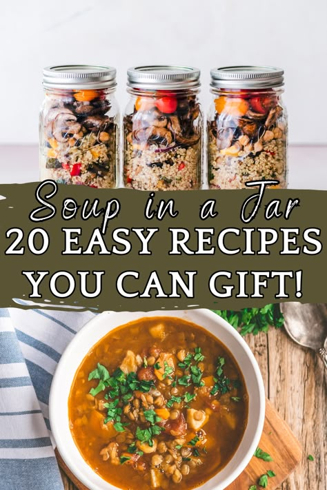 These Soup in a Jar recipes are perfect for a frugal and thoughtful gift this Christmas season. Gift your friends and family a mason jar with all the ingredients needed for a from scratch meal! #souprecipes #soupinjar #masonjarrecipes #masonjargifts #cheapchristmasgifts #homemadegifts #frugalgifts #homesteadergifts #foodgift #masonjarsoup Mason Jar Soup Mix Recipes Homemade Gifts, Soup In A Mason Jar Gift, Jar Recipes Gifts, Dry Mix Recipes Jars Gift Ideas, Homemade Dried Soup Mixes, Jar Meals Dry, Food Gifts In A Jar Dry Mixes, Meal Jar Gifts, Dry Soup In A Jar Recipes