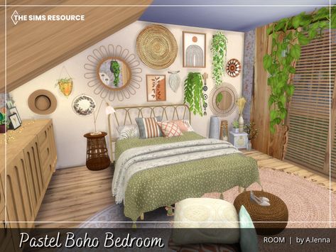 Sims 4 Cc Wall Patterns, Sims 4 Vintage Bedroom, Pastel Boho Bedroom, Sims 4 Bedrooms, Sims 4 Rooms, Beach Inspired Bedroom, Sims 4 Cc Furniture Living Rooms, Sims 4 Cottage, Sims 4 Beds