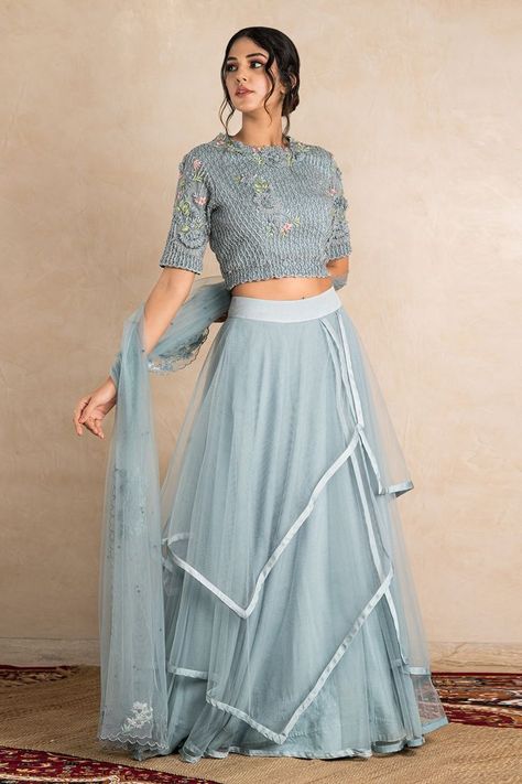 Buy #blue #lehenga with asymmetric layers detail by #ShikhaandSrishtiDesign at #Aza #Fashions Shop online now at #Azafashions.com Call +91 99870 70743 or email contactus@azafashions.com for enquiries. #wedding #festive #ethnic #tradional #shopping #shoponline #party #reception #bride Top For Party Wear, Indo Western Dress For Girls, Layered Lehenga, Western Dresses For Girl, Net Embroidery, Modest Evening Dress, Pakistani Fashion Casual, Blue Lehenga, Indo Western Dress