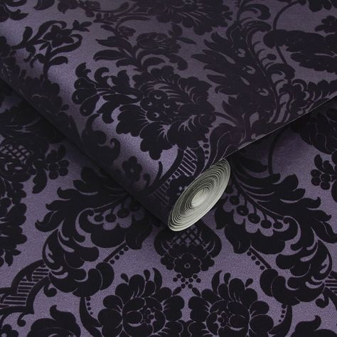 Gothic Damask Plum Wallpaper | Purple Wallpaper | Graham & Brown Plum Wallpaper, Gothic Decor Bedroom, Flock Wallpaper, Purple Gothic, Gothic Bedroom, Purple Bedroom, Dark Home Decor, Goth Home, Goth Home Decor