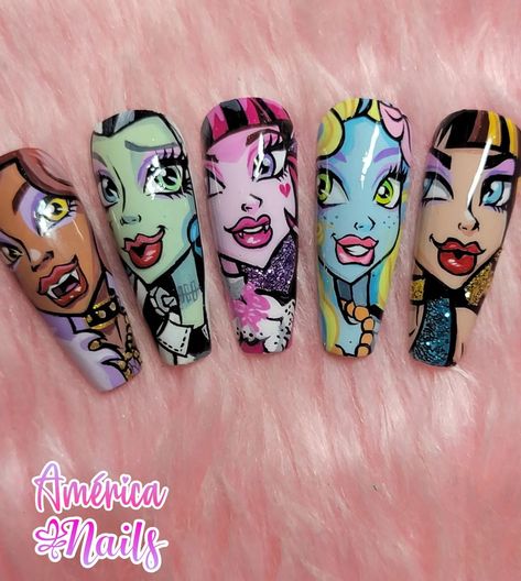 Nail Character Art, Character Nail Art Disney, Monster High Nails Designs, Nail Designs Characters, Character Art Nails, Complex Nail Art, Monster High Nail Art, Nail Art Character, Cartoon Character Nail Art